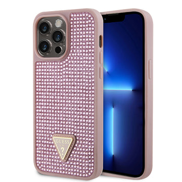Apple iPhone 13 Pro Max Kılıf Guess Üçgen Logolu Rhinestone Taşlı Kapak Pembe