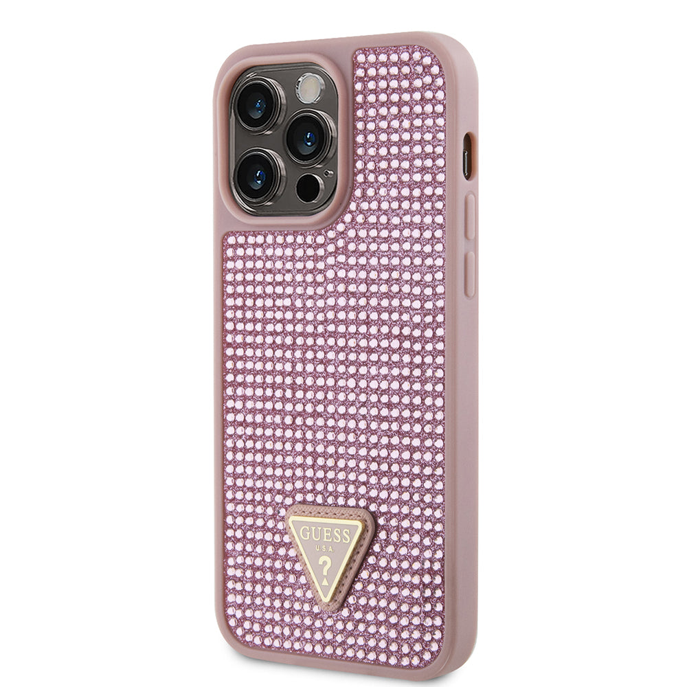 Apple iPhone 13 Pro Max Kılıf Guess Üçgen Logolu Rhinestone Taşlı Kapak Pembe