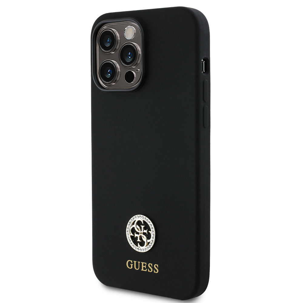 Apple iPhone 14 Pro Max Kılıf Guess Yazı ve Taşlı 4G Logolu Silikon Kapak Siyah