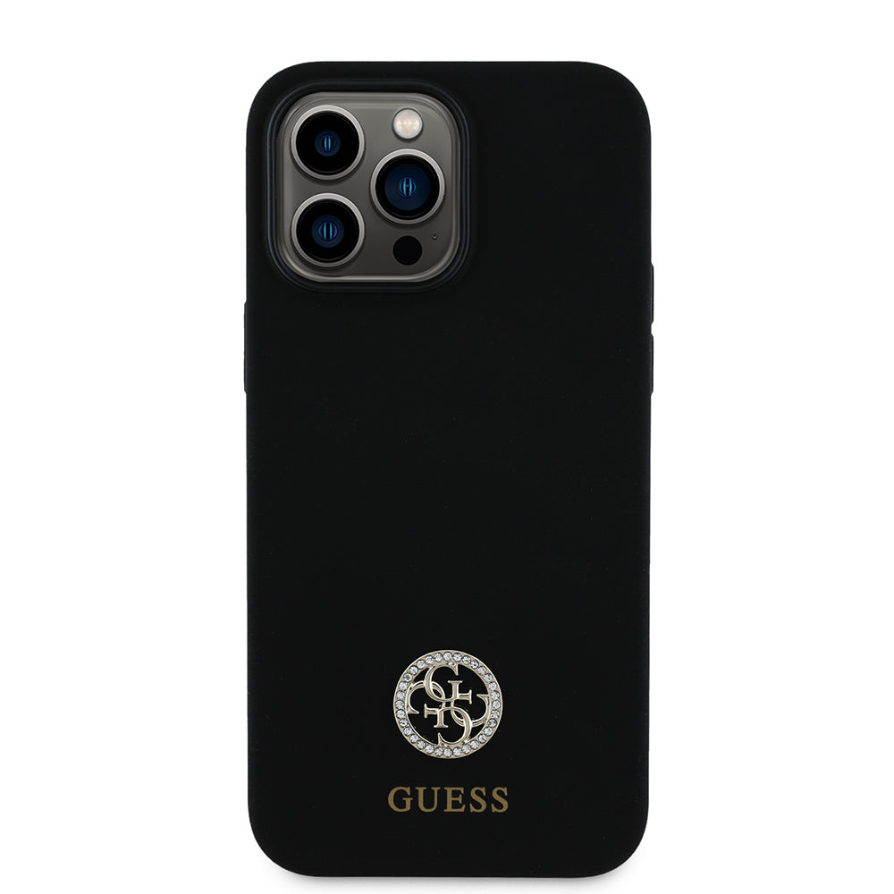 Apple iPhone 14 Pro Max Kılıf Guess Yazı ve Taşlı 4G Logolu Silikon Kapak Siyah