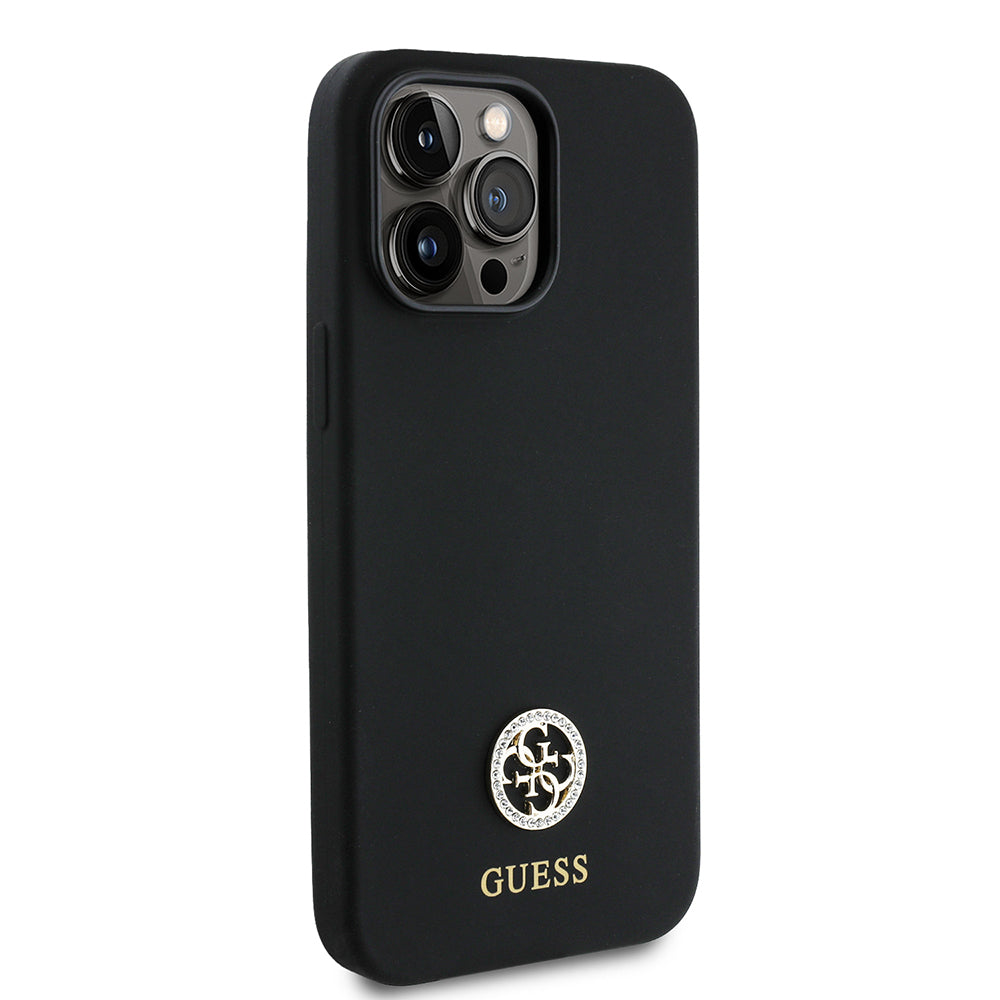 Apple iPhone 14 Pro Max Kılıf Guess Yazı ve Taşlı 4G Logolu Silikon Kapak Siyah