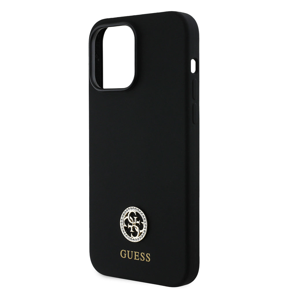 Apple iPhone 14 Pro Max Kılıf Guess Yazı ve Taşlı 4G Logolu Silikon Kapak Siyah