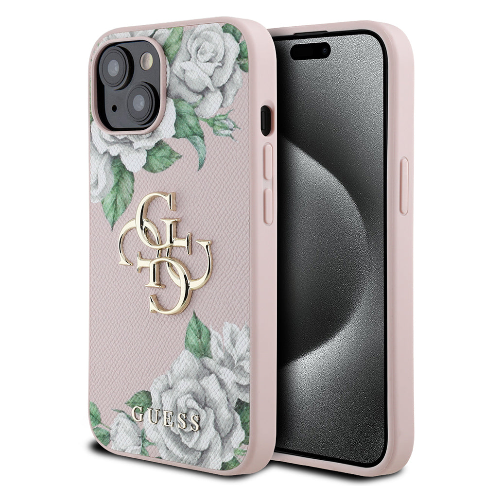 Apple iPhone 13/15 Kılıf Guess Beyaz Gül Baskılı Büyük Metal Logolu Kapak Pembe