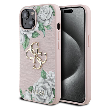 Apple iPhone 13/15 Kılıf Guess Beyaz Gül Baskılı Büyük Metal Logolu Kapak Pembe