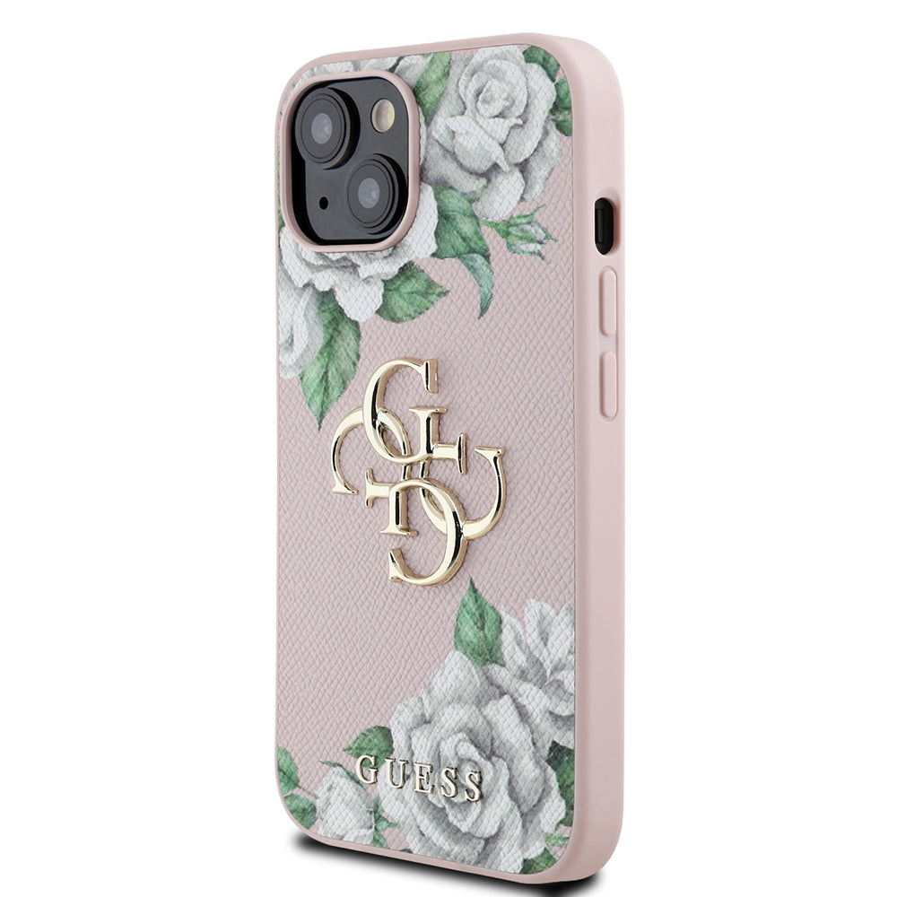 Apple iPhone 13/15 Kılıf Guess Beyaz Gül Baskılı Büyük Metal Logolu Kapak Pembe