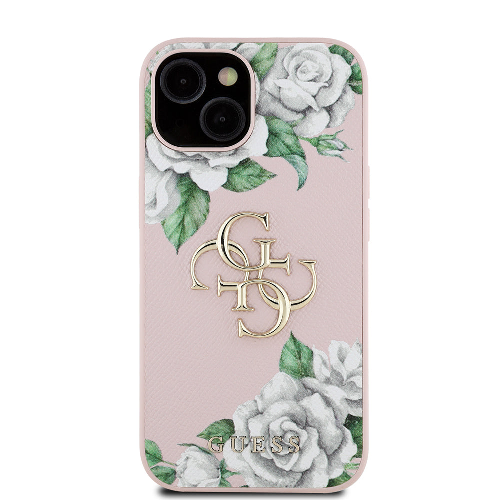 Apple iPhone 13/15 Kılıf Guess Beyaz Gül Baskılı Büyük Metal Logolu Kapak Pembe