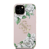 Apple iPhone 15 Kılıf Guess Beyaz Gül Baskılı Büyük Metal Logolu Kapak Pembe