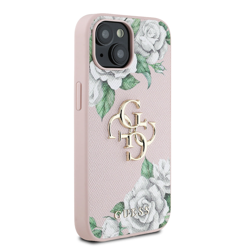 Apple iPhone 13/15 Kılıf Guess Beyaz Gül Baskılı Büyük Metal Logolu Kapak Pembe
