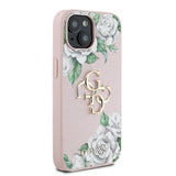 Apple iPhone 15 Kılıf Guess Beyaz Gül Baskılı Büyük Metal Logolu Kapak Pembe