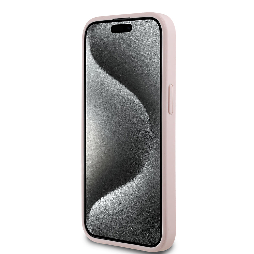 Apple iPhone 13/15 Kılıf Guess Beyaz Gül Baskılı Büyük Metal Logolu Kapak Pembe