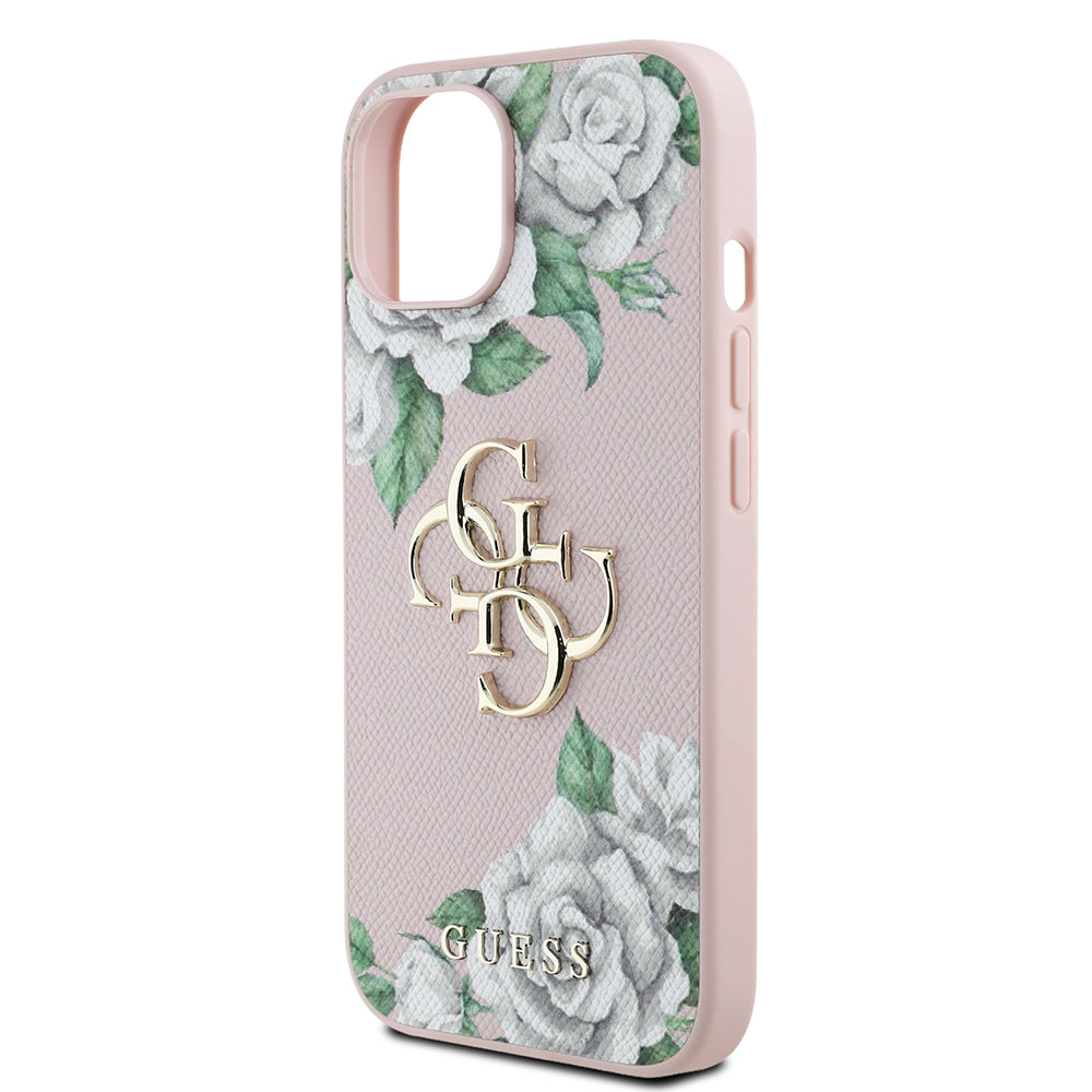 Apple iPhone 13/15 Kılıf Guess Beyaz Gül Baskılı Büyük Metal Logolu Kapak Pembe