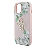Apple iPhone 15 Kılıf Guess Beyaz Gül Baskılı Büyük Metal Logolu Kapak Pembe