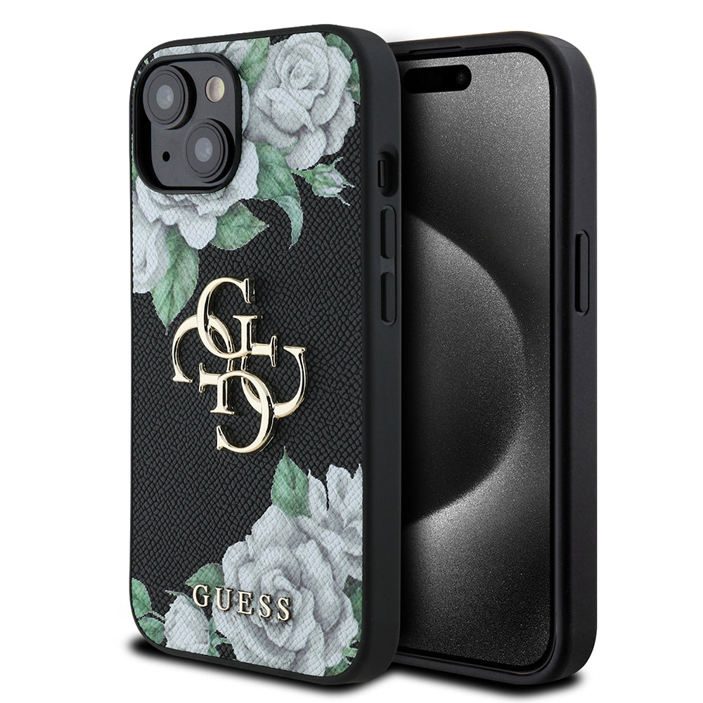 Apple iPhone 13/15 Kılıf Guess Beyaz Gül Baskılı Büyük Metal Logolu Kapak Siyah