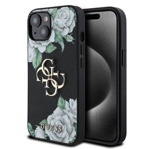 Apple iPhone 15 Kılıf Guess Beyaz Gül Baskılı Büyük Metal Logolu Kapak Siyah