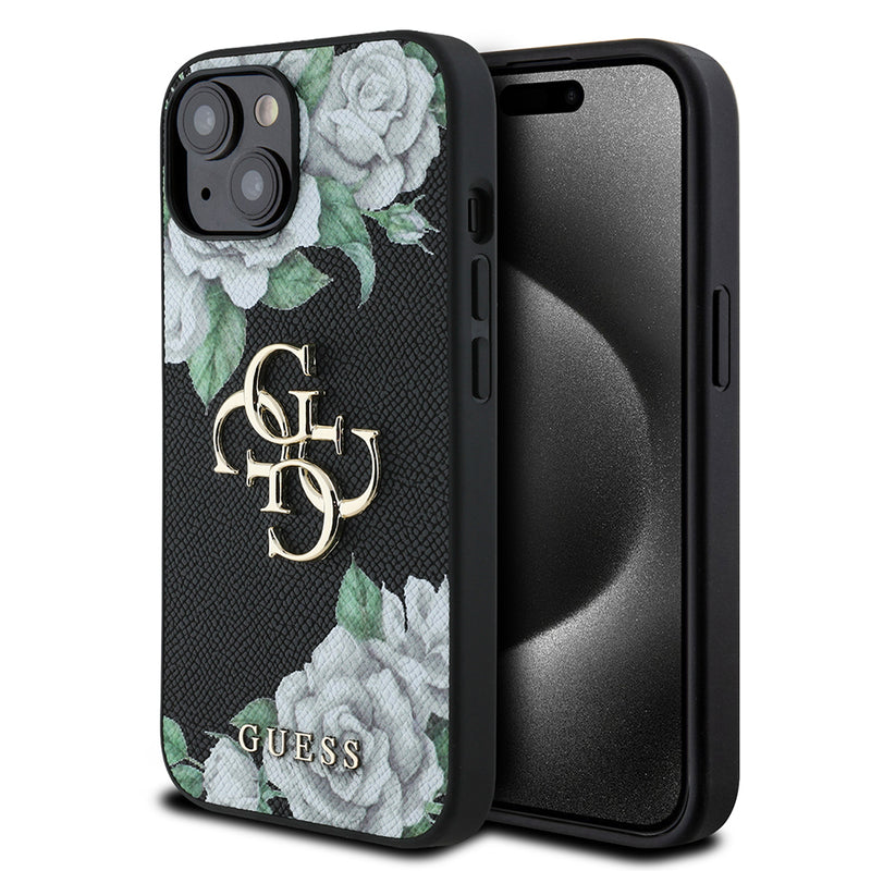 Apple iPhone 13/15 Kılıf Guess Beyaz Gül Baskılı Büyük Metal Logolu Kapak Siyah