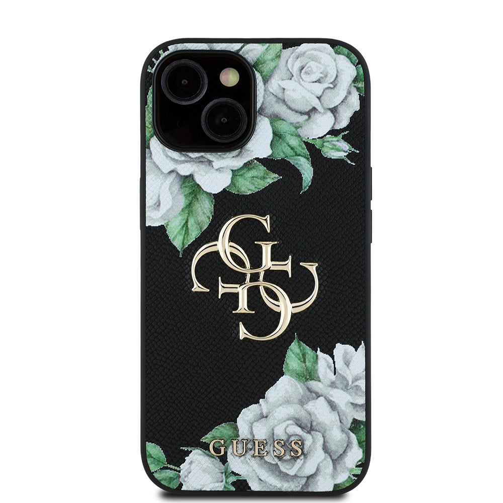 Apple iPhone 13/15 Kılıf Guess Beyaz Gül Baskılı Büyük Metal Logolu Kapak Siyah