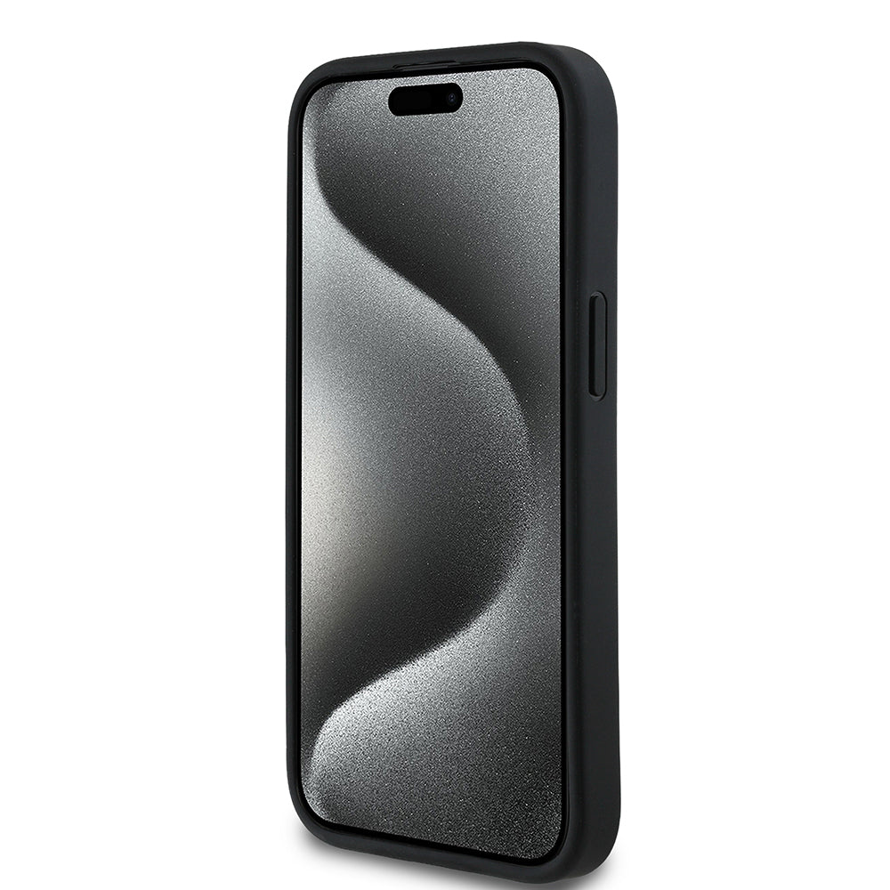 Apple iPhone 13/15 Kılıf Guess Beyaz Gül Baskılı Büyük Metal Logolu Kapak Siyah