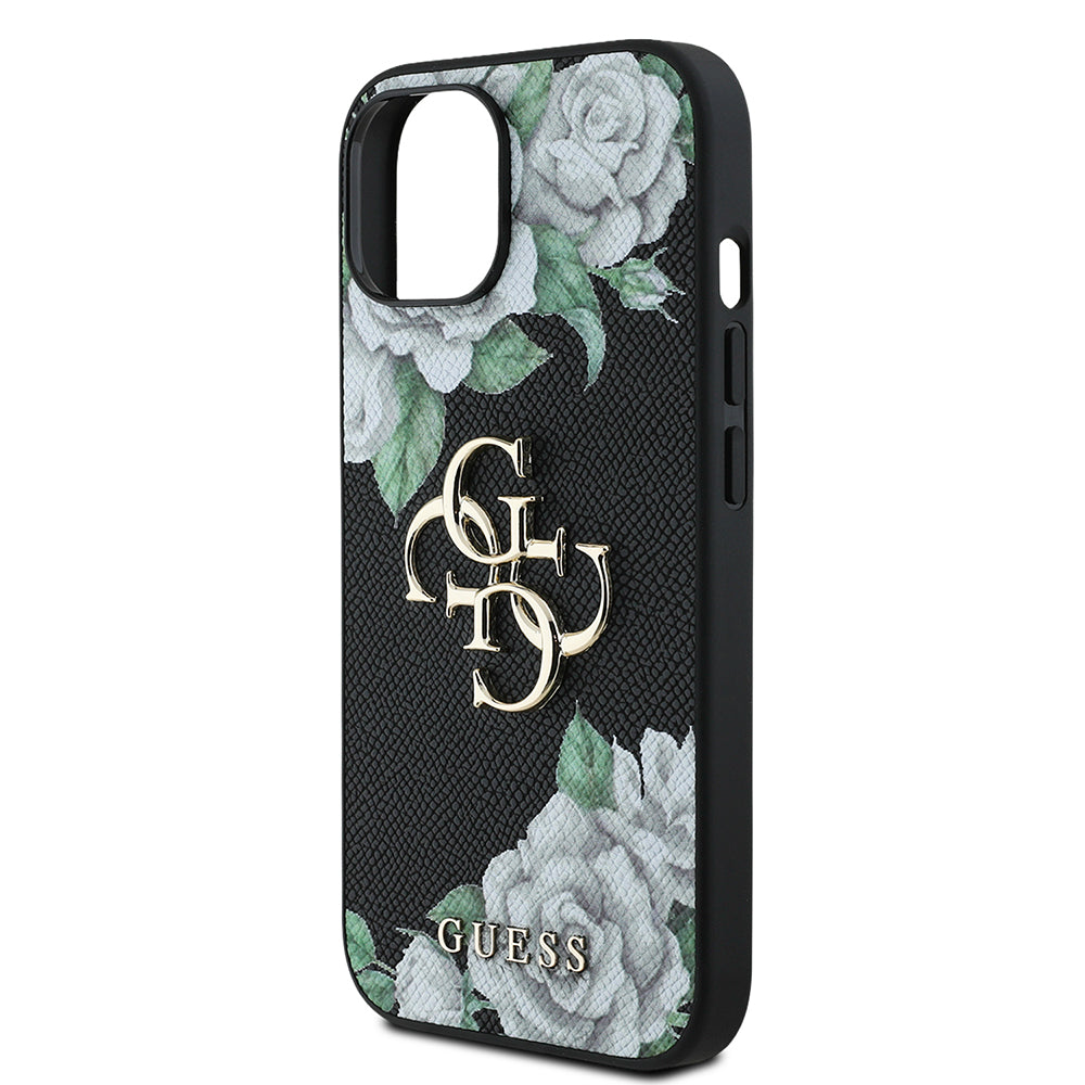 Apple iPhone 13/15 Kılıf Guess Beyaz Gül Baskılı Büyük Metal Logolu Kapak Siyah