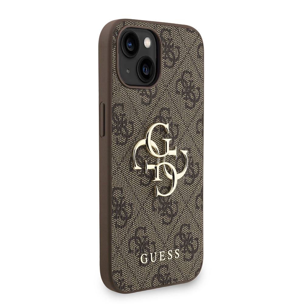 Apple iPhone 13/15 Kılıf Guess Bilek Askı İpli Kapak Metal Büyük 4G ve Yazı Logolu Kahverengi