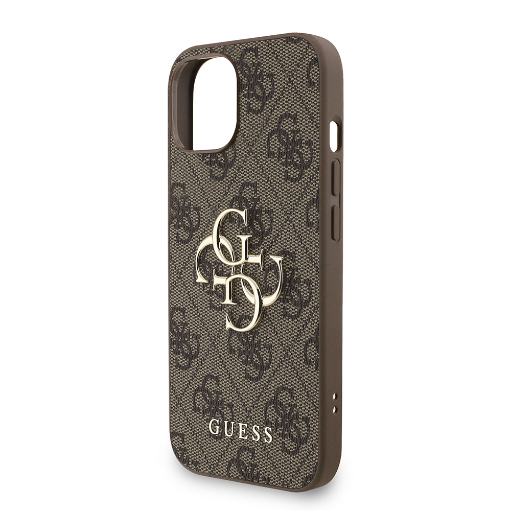 Apple iPhone 13/15 Kılıf Guess Bilek Askı İpli Kapak Metal Büyük 4G ve Yazı Logolu Kahverengi