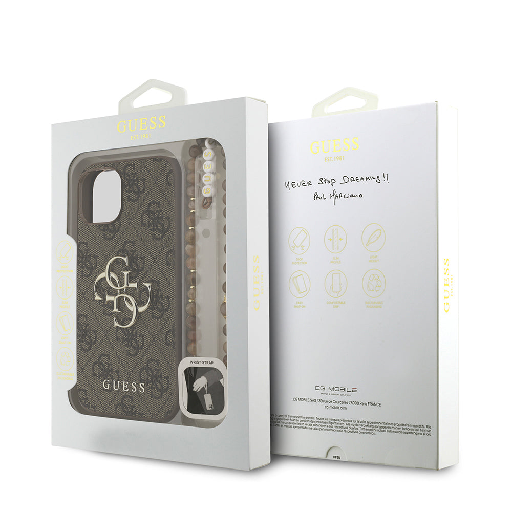 Apple iPhone 13/15 Kılıf Guess Bilek Askı İpli Kapak Metal Büyük 4G ve Yazı Logolu Kahverengi