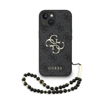 Apple iPhone 13/15 Kılıf Guess Bilek Askı İpli Kapak Metal Büyük 4G ve Yazı Logolu Siyah