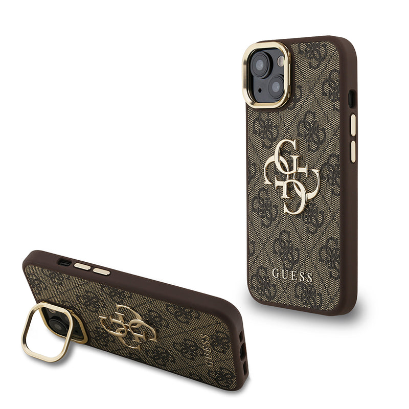Apple iPhone 15 Kılıf Guess Kamera Standlı Kapak 4G Desenli Metal 4G Logolu Kahverengi