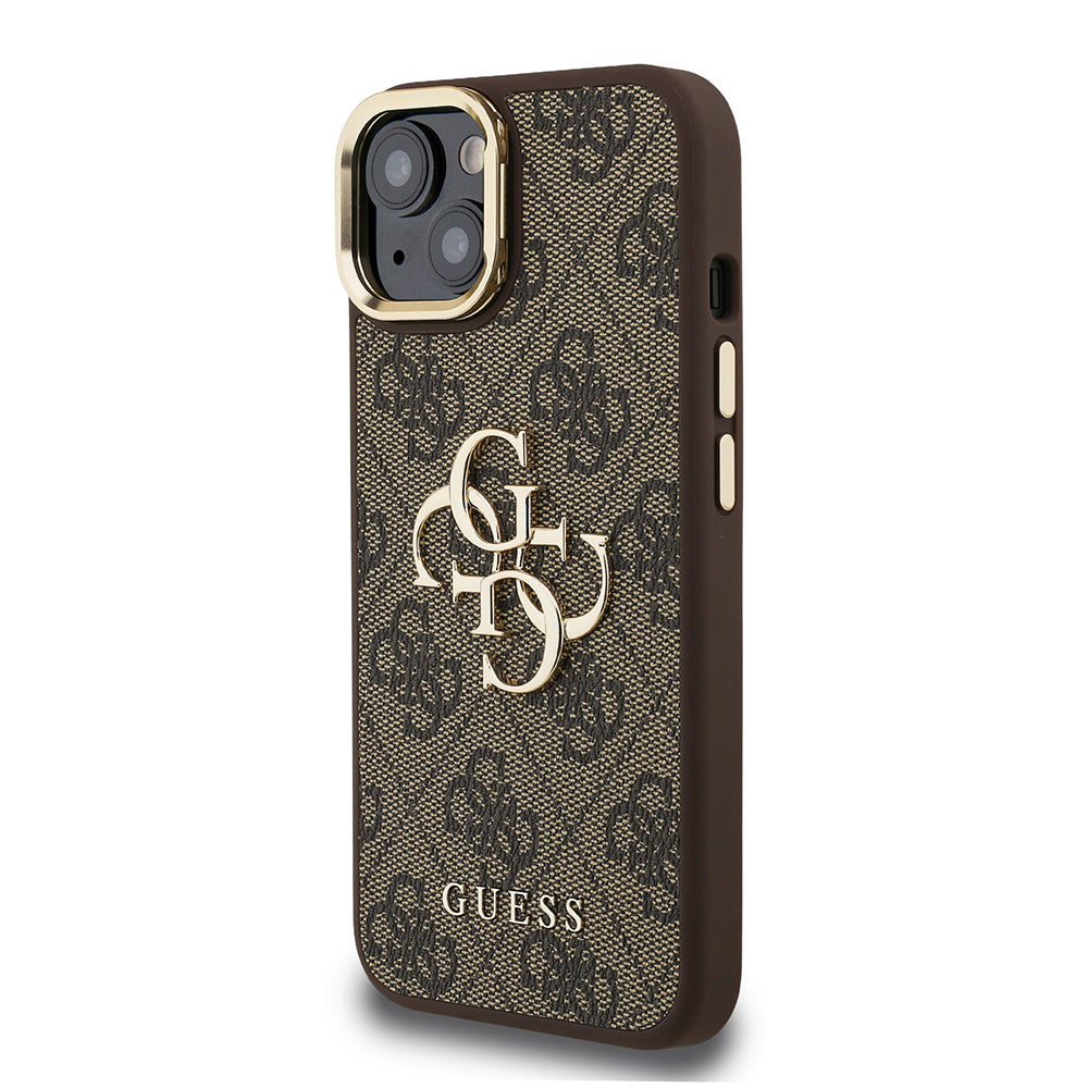 Apple iPhone 13/15 Kılıf Guess Kamera Standlı Kapak 4G Desenli Metal 4G Logolu Kahverengi