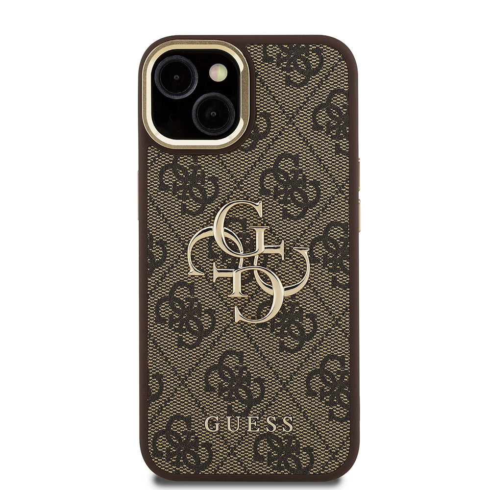 Apple iPhone 13/15 Kılıf Guess Kamera Standlı Kapak 4G Desenli Metal 4G Logolu Kahverengi
