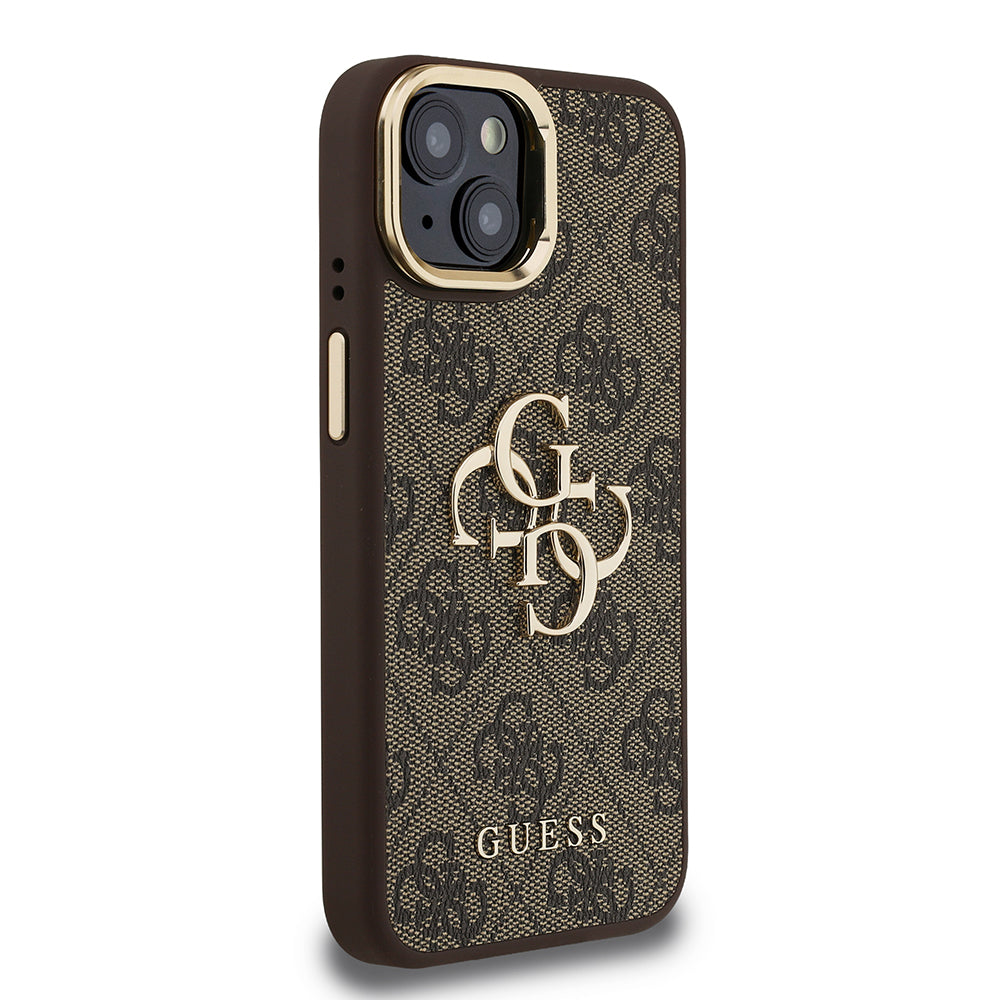 Apple iPhone 13/15 Kılıf Guess Kamera Standlı Kapak 4G Desenli Metal 4G Logolu Kahverengi