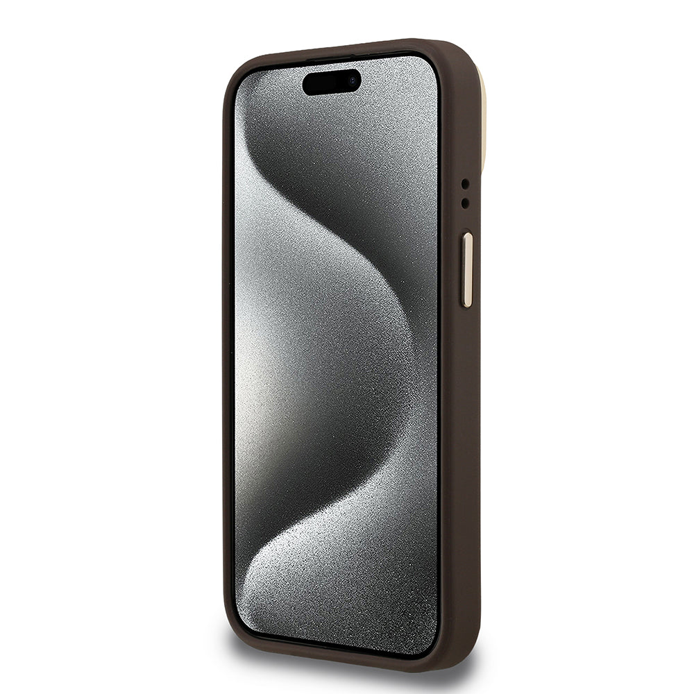 Apple iPhone 13/15 Kılıf Guess Kamera Standlı Kapak 4G Desenli Metal 4G Logolu Kahverengi