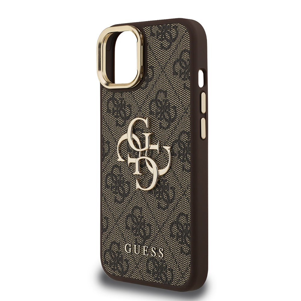 Apple iPhone 13/15 Kılıf Guess Kamera Standlı Kapak 4G Desenli Metal 4G Logolu Kahverengi