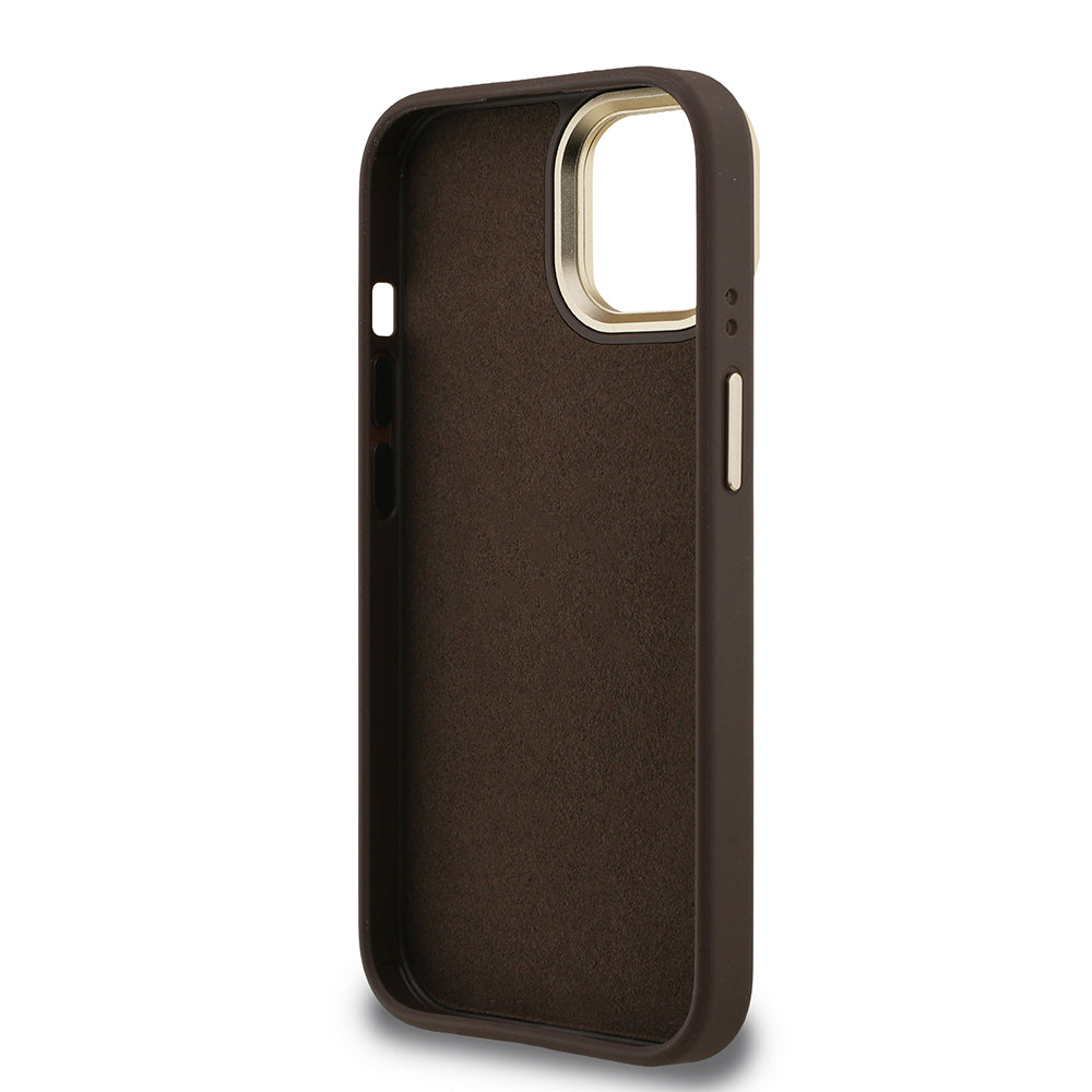 Apple iPhone 13/15 Kılıf Guess Kamera Standlı Kapak 4G Desenli Metal 4G Logolu Kahverengi