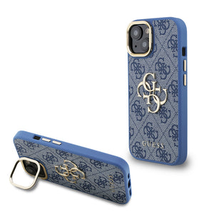 Apple iPhone 15 Kılıf Guess Kamera Standlı Kapak 4G Desenli Metal 4G Logolu Mavi