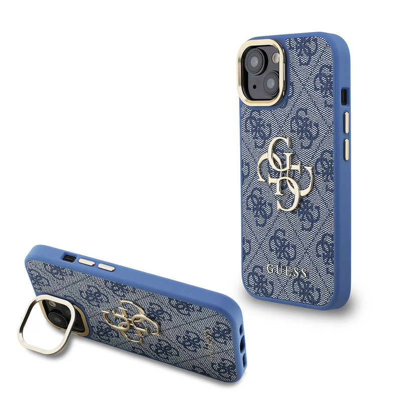 Apple iPhone 15 Kılıf Guess Kamera Standlı Kapak 4G Desenli Metal 4G Logolu Mavi