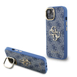 Apple iPhone 15 Kılıf Guess Kamera Standlı Kapak 4G Desenli Metal 4G Logolu Mavi