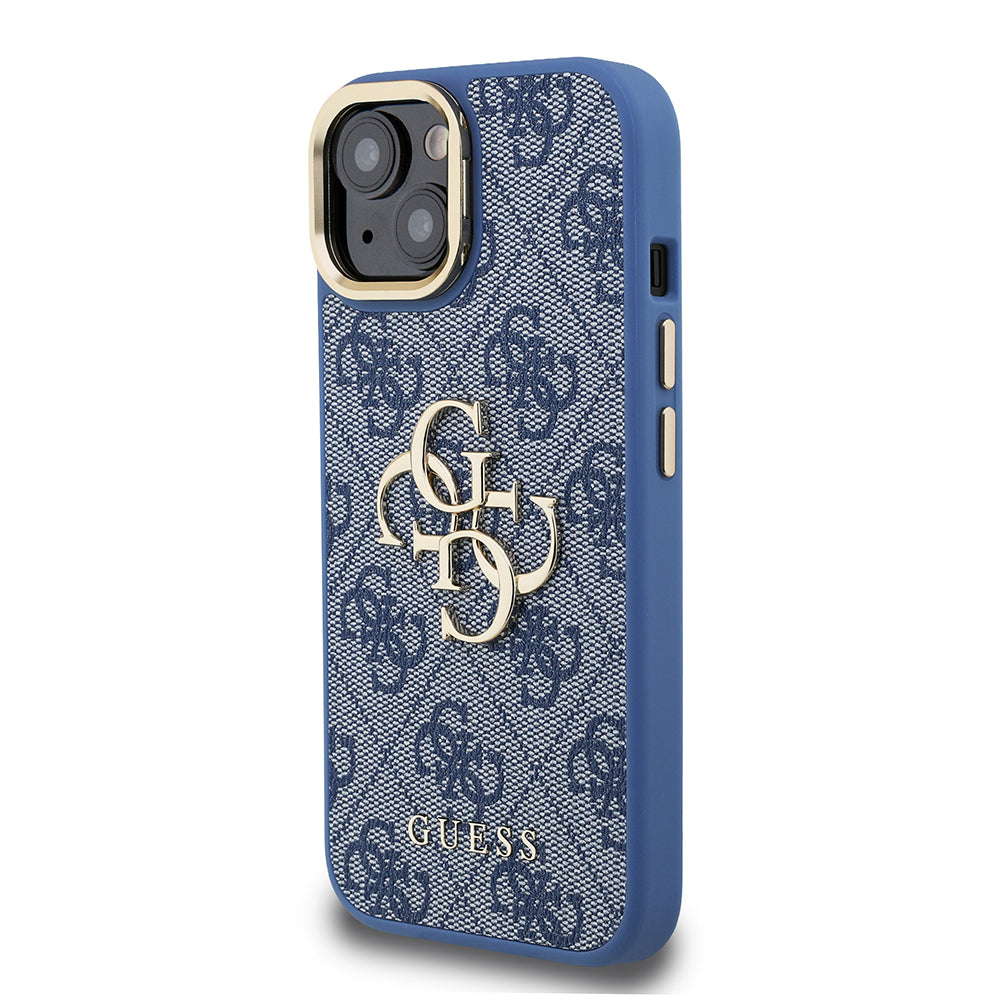 Apple iPhone 13/15 Kılıf Guess Kamera Standlı Kapak 4G Desenli Metal 4G Logolu Mavi