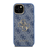 Apple iPhone 15 Kılıf Guess Kamera Standlı Kapak 4G Desenli Metal 4G Logolu Mavi