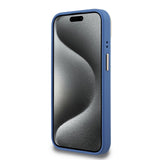 Apple iPhone 15 Kılıf Guess Kamera Standlı Kapak 4G Desenli Metal 4G Logolu Mavi