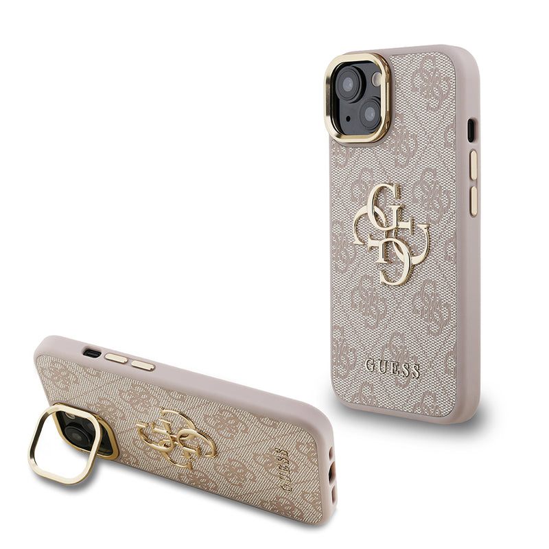 Apple iPhone 15 Kılıf Guess Kamera Standlı Kapak 4G Desenli Metal 4G Logolu Pembe