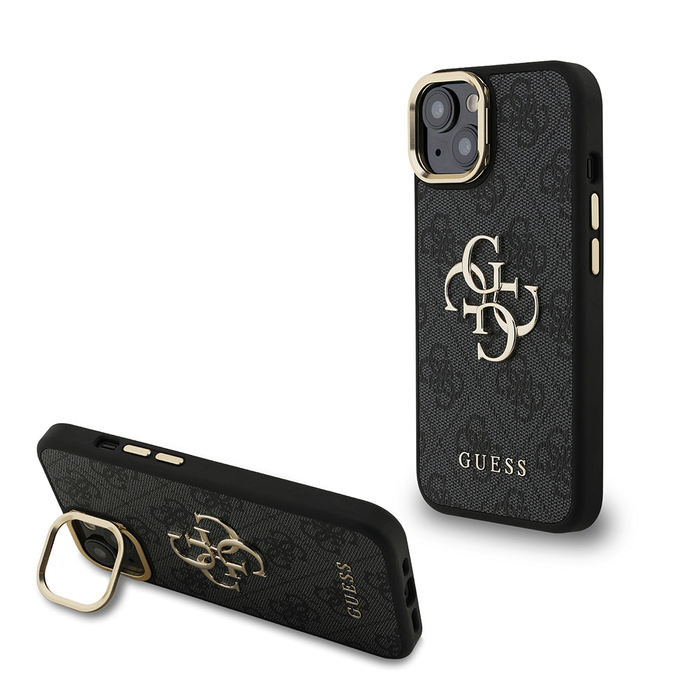 Apple iPhone 13/15 Kılıf Guess Kamera Standlı Kapak 4G Desenli Metal 4G Logolu Siyah