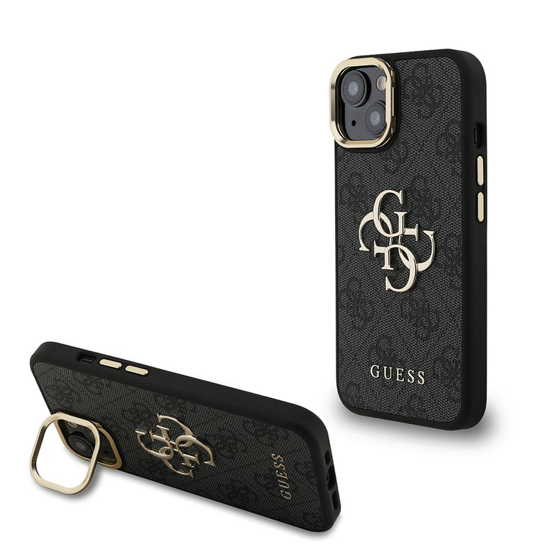 Apple iPhone 15 Kılıf Guess Kamera Standlı Kapak 4G Desenli Metal 4G Logolu Siyah