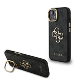 Apple iPhone 15 Kılıf Guess Kamera Standlı Kapak 4G Desenli Metal 4G Logolu Siyah