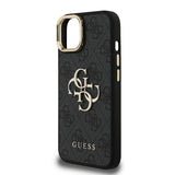 Apple iPhone 15 Kılıf Guess Kamera Standlı Kapak 4G Desenli Metal 4G Logolu Siyah
