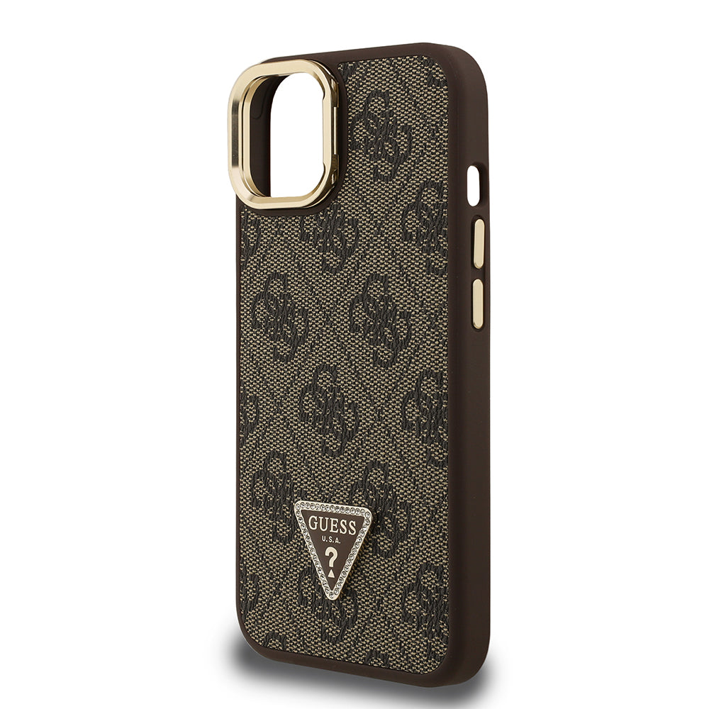Apple iPhone 13/15 Kılıf Guess Kamera Standlı M-Safe Özellikli Kapak Üçgen Logo 4G Desenli Kahverengi
