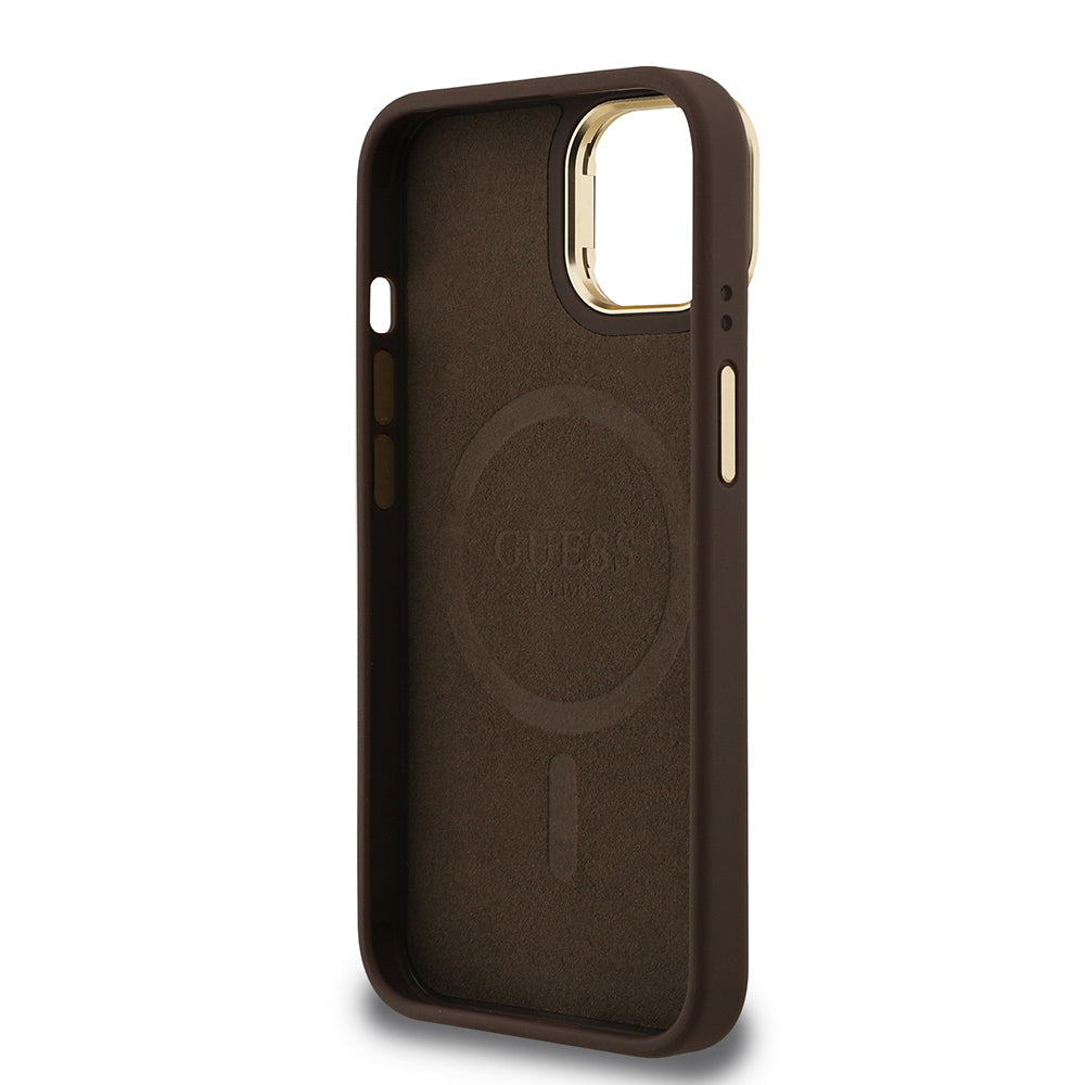 Apple iPhone 13/15 Kılıf Guess Kamera Standlı M-Safe Özellikli Kapak Üçgen Logo 4G Desenli Kahverengi