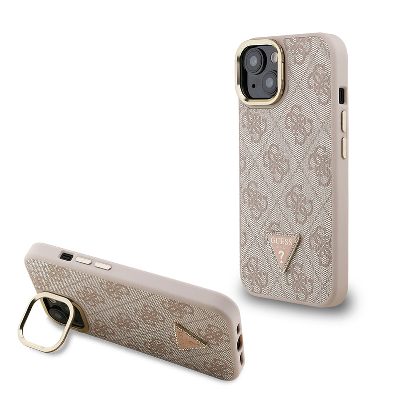 Apple iPhone 15 Kılıf Guess Kamera Standlı M-Safe Özellikli Kapak Üçgen Logo 4G Desenli Pembe