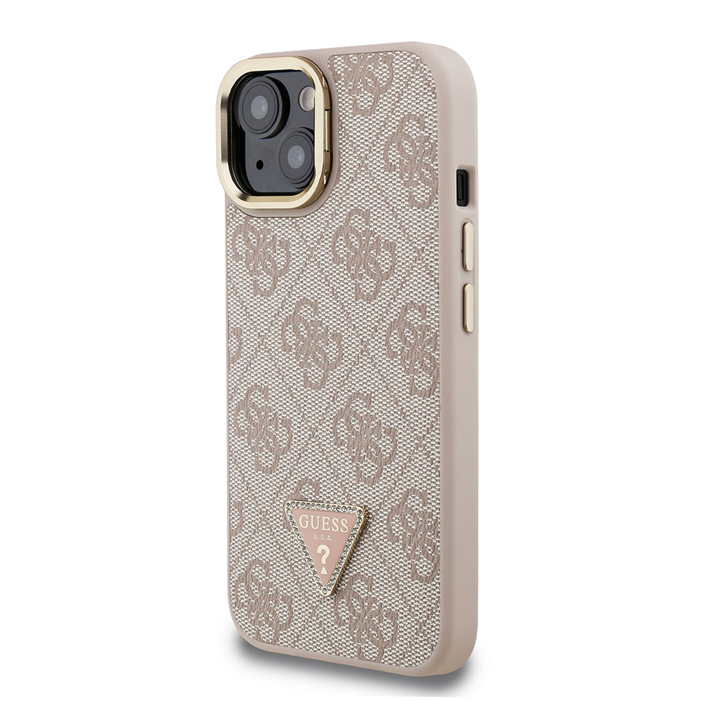 Apple iPhone 13/15 Kılıf Guess Kamera Standlı M-Safe Özellikli Kapak Üçgen Logo 4G Desenli Pembe
