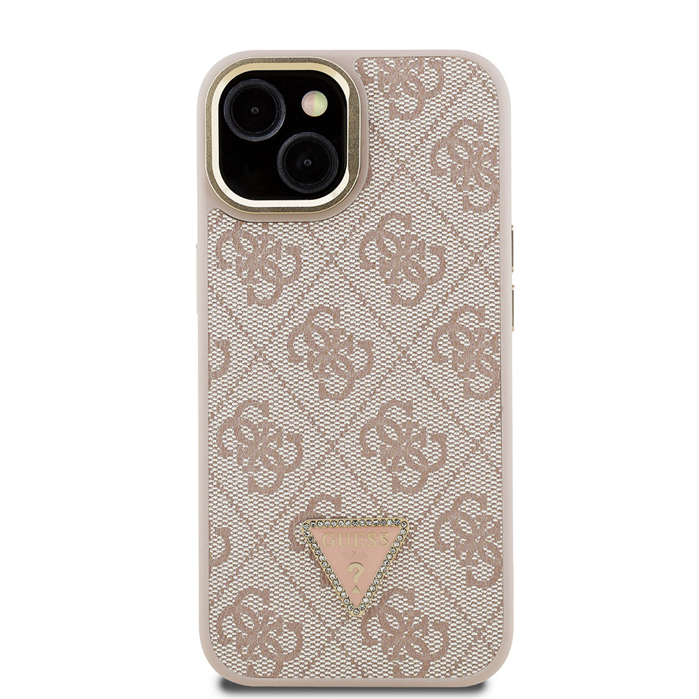 Apple iPhone 13/15 Kılıf Guess Kamera Standlı M-Safe Özellikli Kapak Üçgen Logo 4G Desenli Pembe