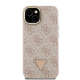 Apple iPhone 15 Kılıf Guess Kamera Standlı M-Safe Özellikli Kapak Üçgen Logo 4G Desenli Pembe